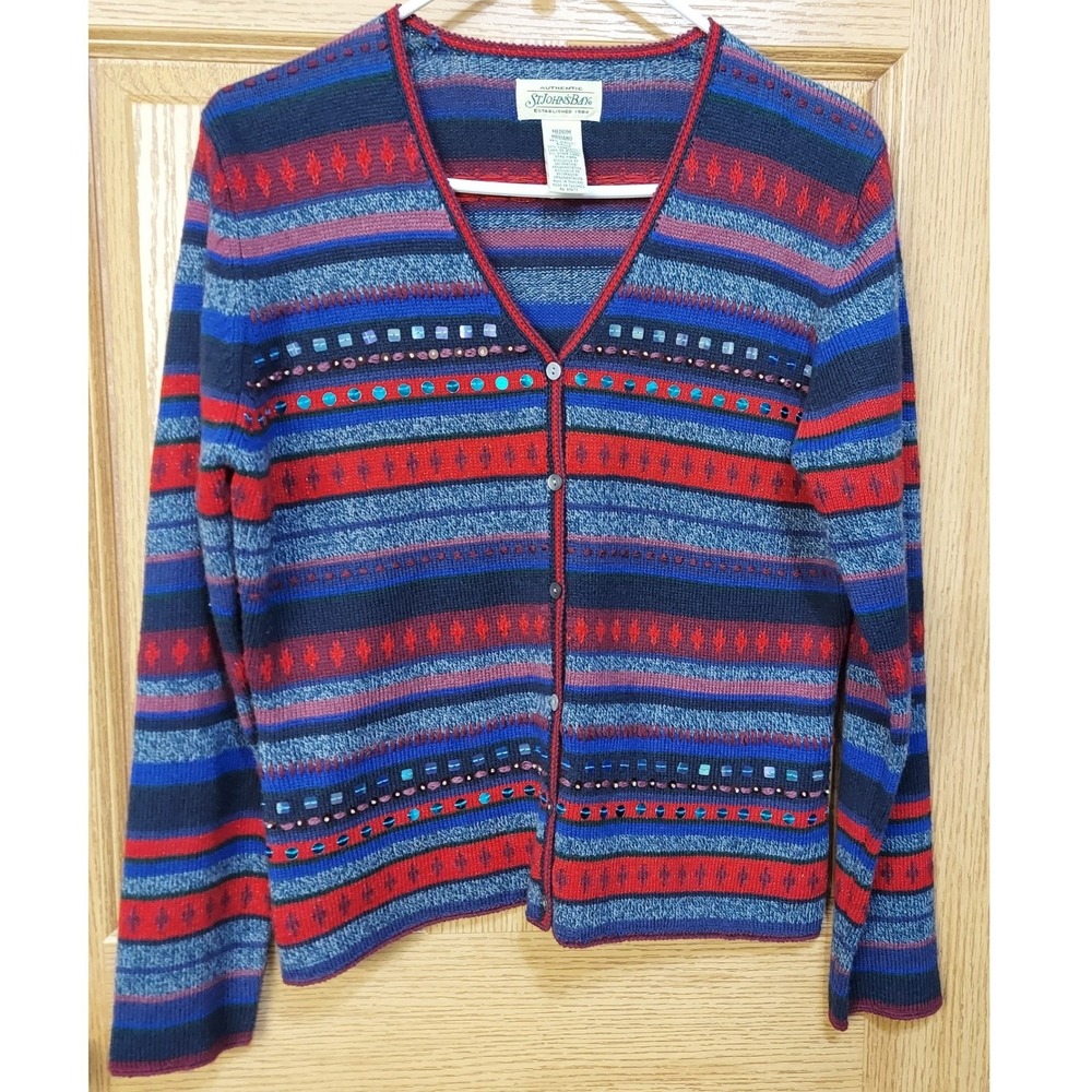 90s St Johns Bay Womens Cardigan Sweater Medium Sequin Lambswool Blend Blue